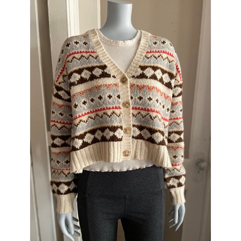 AMERICAN EAGLE Outfitters Cream/Brown Buttoned Crop Knit Sweater sz XS